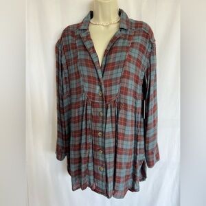 NWT Free People Gray and Red Oversized Button Down Shirt